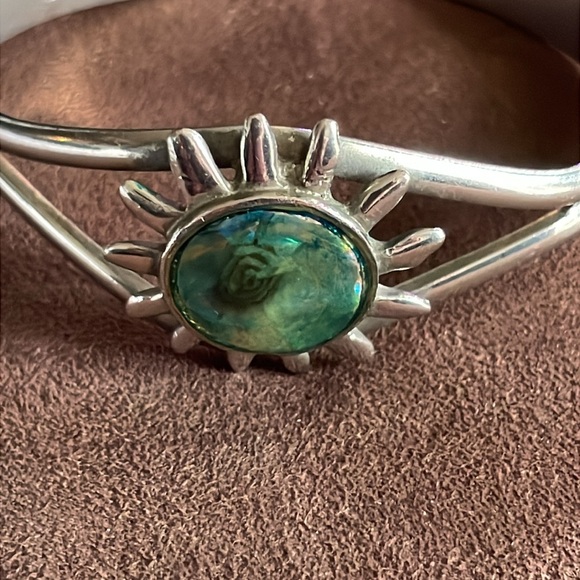 Sterling Silver Abalone Shell Sunburst Sun Cuff Bracelet Made in Mexico - Picture 4 of 8